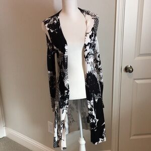 Chico’s Open Front Woven Long Duster Cardigan in Black & White Print, size 0